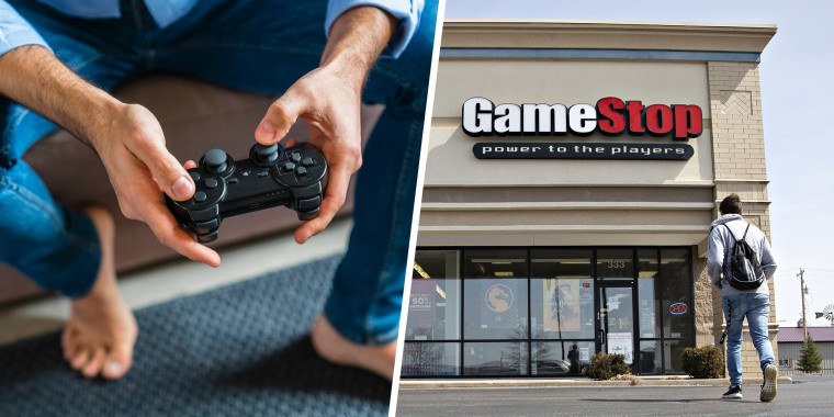 Illustration of a man playing a video game with a gaming console and a Man walking into a Game Stop store