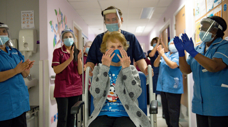 Image: Margaret Keenan, 90, is the first person in Britain to receive the Pfizer/BioNTech Covid-19 vaccine on Dec. 8