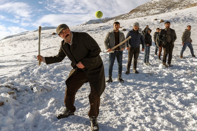 Playing baseball in snow in Turkey's Van