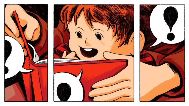 Image: Illustration, in three panels, of a child reading a children's book as his fathers hands hold it, with comic-style text bubbles showing exclamation points