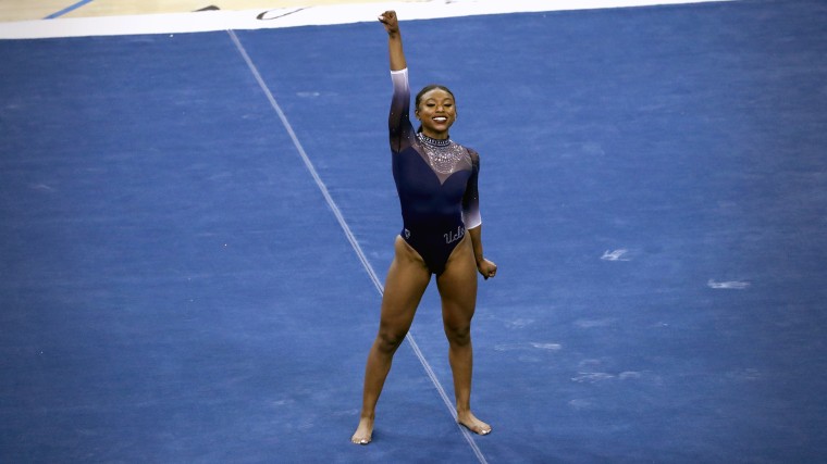 Nia Dennis performs during the UCLA Women's Gymnastics versus the Arizona State University Sun Devils at Pauley Pavilion in Los Angeles on Jan. 23, 2021.