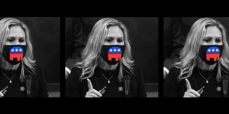 Photo illustration of three frames of Marjorie Taylor Greene in face mask that has the Republican party elephant on it.