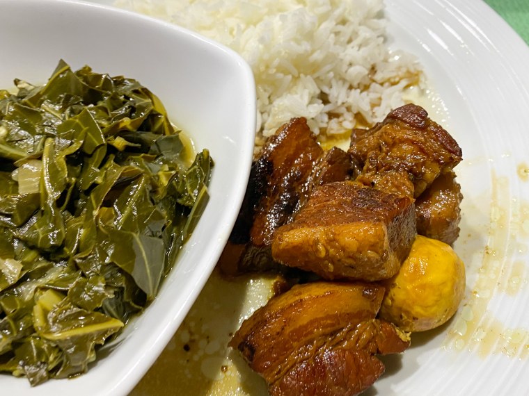 While we served our pork belly with greens and rice, Jeannette says her family often pairs the dish with a cucumber salad.