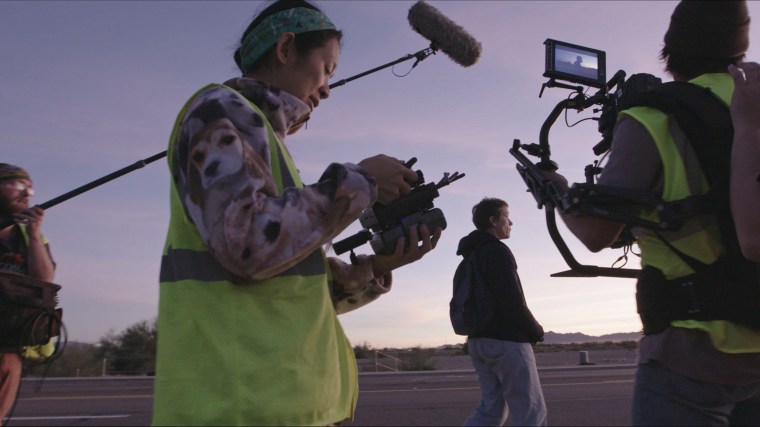 Chloe Zhao directs actress Frances McDormand on the set of the Golden Globe nominated film "Nomadland."