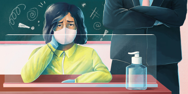Drawn illustration of worried teacher wearing hazmat suit in a classroom with a man behind her