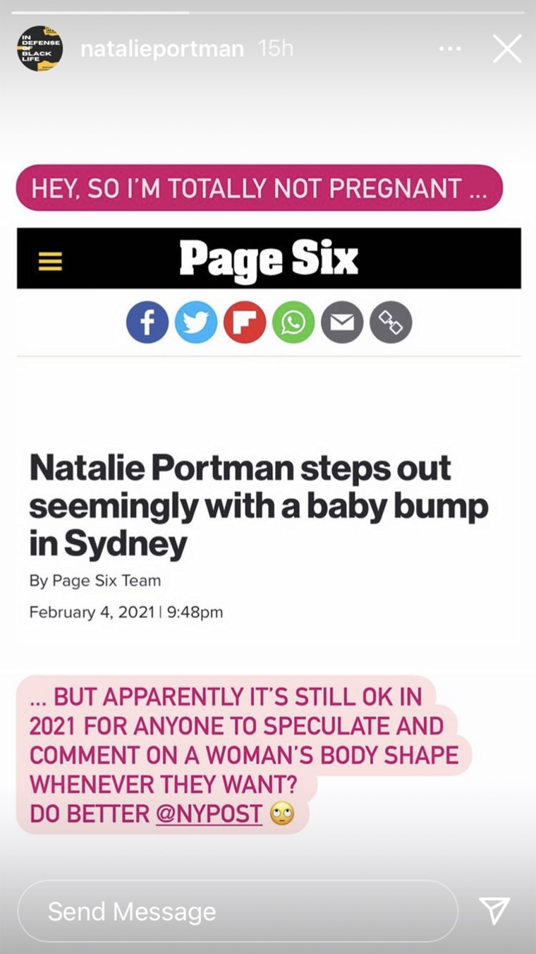 Portman shut down the pregnancy speculation in a statement shared on her Instagram story.