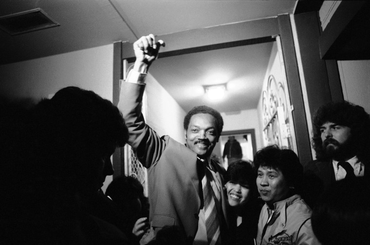 Image: Rev. Jesse Jackson arrives at a home in California after campaigning for president in 1984.