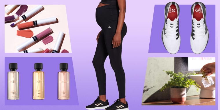 Illustration of New and Notable products like The North Face footwear collection, Kate Hudson and UrbanStems Love Fern, MIX:BAR fragrances, Covergirls new products, and a woman wearing the Adidas maternity leggings.