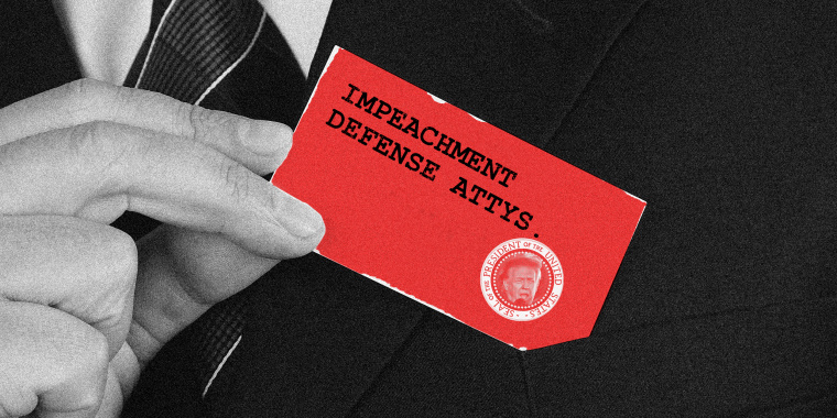 Photo illustration of a hand pulling out a business card that reads,\"Impeachment Defense Attys.\" along with a POTUS seal that has Donald's Trump face in it.