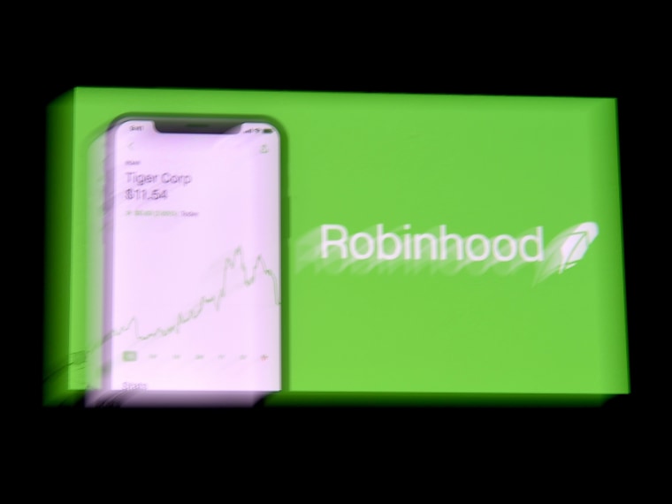 Image: The logo of trading application Robinhood on a mobile phone in Arlington, Virginia