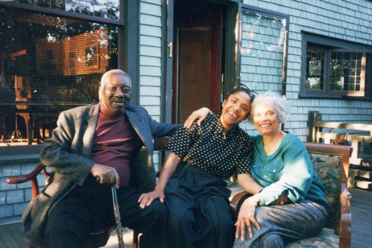 Artist Barbara Earl Thomas poses with her friend and advisor, Jacob Lawrence, and his wife, Gwendolyn Knight, in Seattle, Washington.