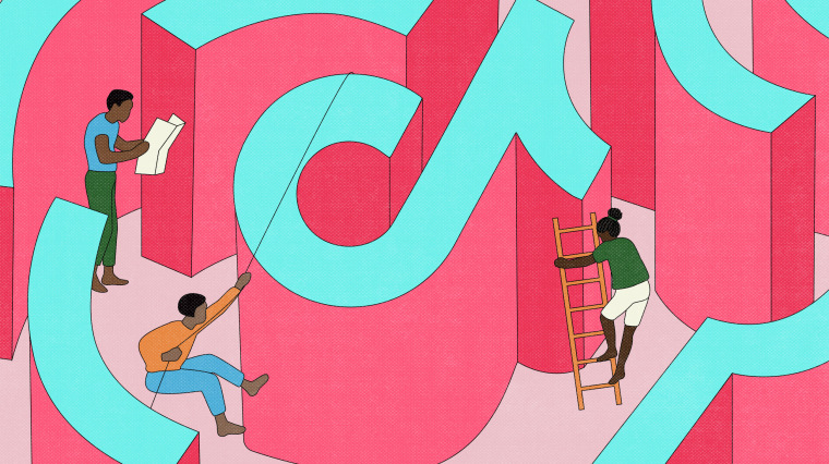 Image: Illustration of Black creators scaling and finding their way through a maze in the shape of a TikTok logo.