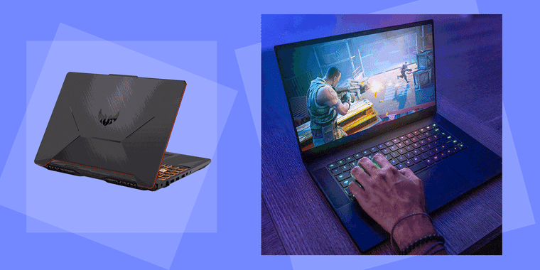 Illustrated GIF of the Asus TUF Gaming A15 laptop and someone playing on the Razer Blade 15