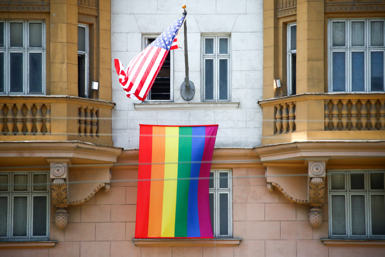 Image: Rainbow flag on US Embassy building in Moscow