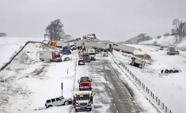 Image: A massive pileup on Interstate 80, Thursday, Feb. 4, 2021, west of Newton, Iowa