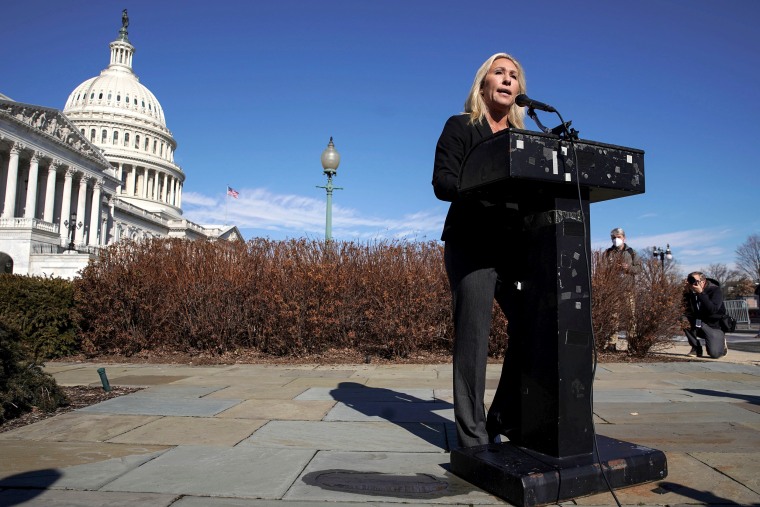 Image: U.S. Representative Marjorie Taylor Greene holds news conference on Capitol Hill in Washington