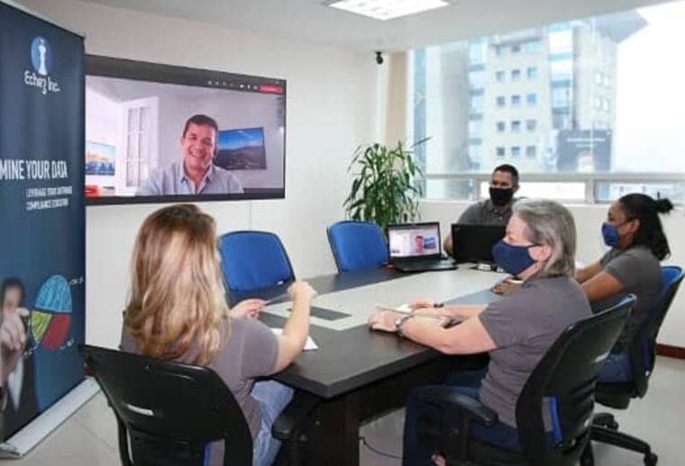 Edwin Sanchez, Echez Group CEO and member of the Latino Business Action Network meets with team members remotely.