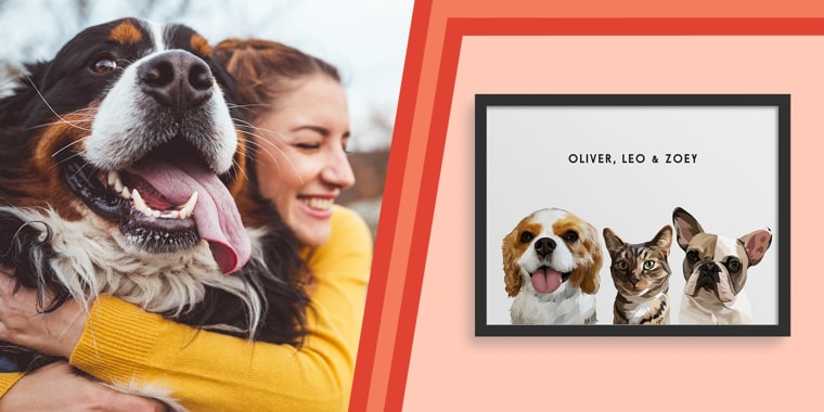 Illustration of a woman hugging her dog and a custom framed portrait of three dogs from West & Willow