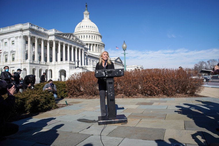 Image: U.S. Representative Marjorie Taylor Greene holds news conference on Capitol Hill in Washington