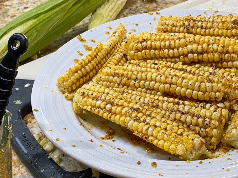 I followed PureWow's version of corn-rib-making, in which the corn gets coated in olive oil and elote-style spices before air-frying.