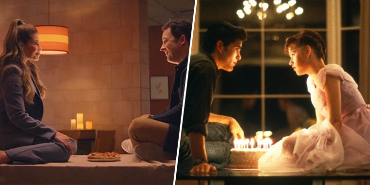 Danielle Fishel and Savage (left) re-enact "Sixteen Candles" (right).