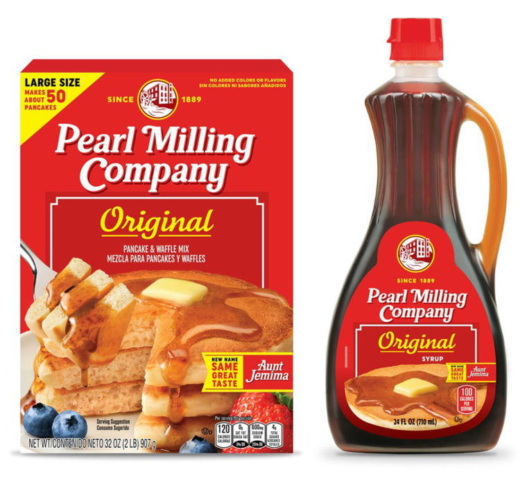 Rebranded Aunt Jemima packaging shows similar bottles labeled Pearl Milling Company