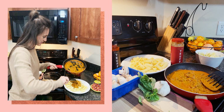 Collage of woman cooking pasta with ingredients