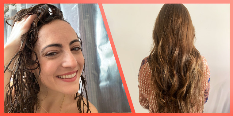 Collage of woman showering and woman showing her styled hair