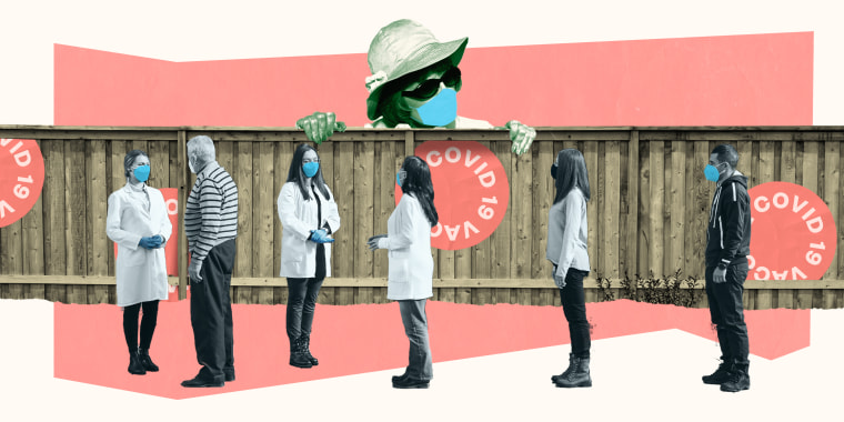 Illustration of woman looking over fence looking at people getting vaccinated