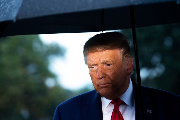 President Donald Trump holds an umbrella as he speaks to the media in Washington on Sept. 17, 2020.