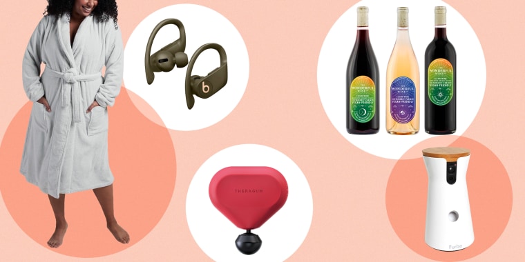 Illustration of Green Powerbeats Pro Wireless Earphones, Theragun Mini (Product RED), Wonderful Wine Co The Most Wonderful Pack, a Furbo dog camera and a woman wearing a Parachute Classic Bathrobe. Best Valentine's Day 2021 gift ideas for mom, sister, bff