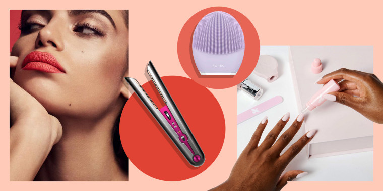 Illustration of Olive and June The Mani System, Dyson Corrale Hair Straightener that comes as a gift set, FOREO LUNA 3 in pink and a woman wearing  Fenty Beauty Stunna Boss Bolds lipstick. Valentine's Day beauty gifts for her include Pillow Talk lipstick.