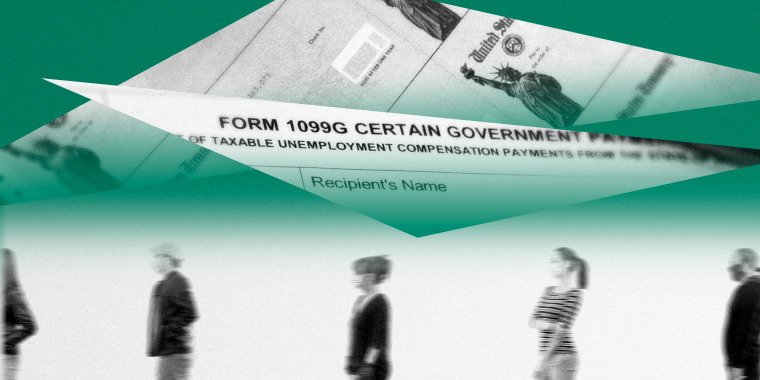Image: Illustration shows cut outs of a 1099-G form and Treasury checks, while blurry people in masks wait on an unemployment line on a green background.