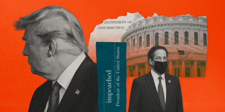 Image: Illustration showing a collage of former President Donald Trump turning away from paper tears that read \"impeachment\" and \"insurrection\" and Rep. Jamie Raskin and the Capitol.