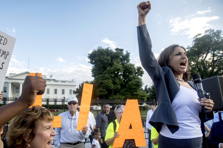 Center for American Progress President Neera Tanden speaks at a protest outside the White House on July 17, 2018, in Washington.