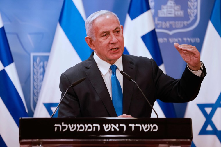 Image: Israeli Prime Minister Benjamin Netanyahu during a press conference with Greek Prime Minister Kyriakos Mitsotakis on Monday.