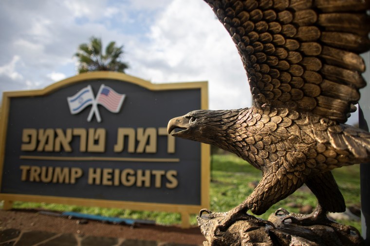 A sign in Trump Heights, a community named after former U.S. President Donald Trump, in the Israeli-occupied Golan Heights.