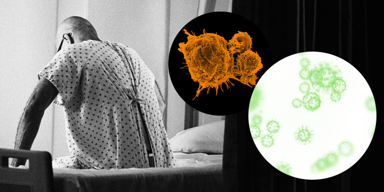 Image: Illustration shows an older man sitting on a hospital bed, while bubbles showing orange cancer cells and green Covid spores float nearby.