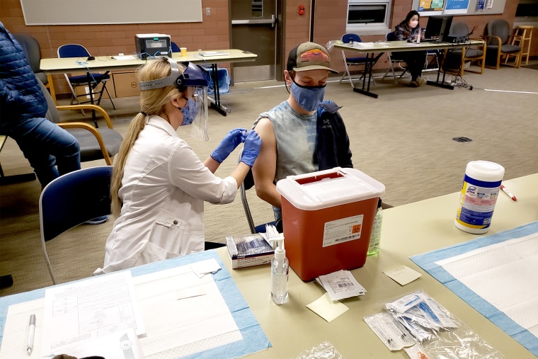 Residents of Sitka, Alaska, receive their Covid-19 vaccinations at the local fire hall during a immunization clinic run by Harry Race Pharmacy and White's Pharmacy earlier this year.