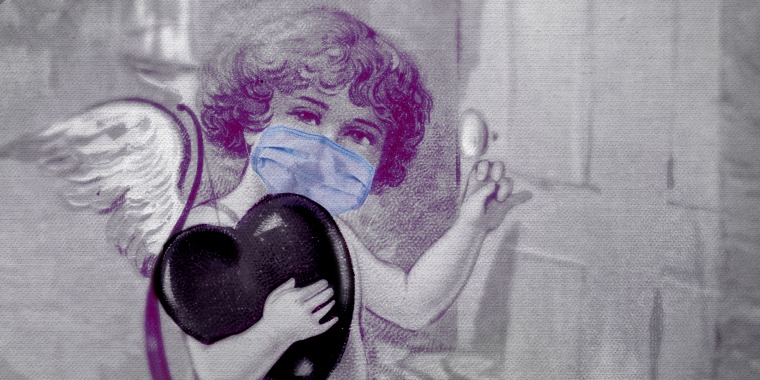 Image: A vintage-style Cupid knocks a door wearing a surgical face mask and holding a black heart.