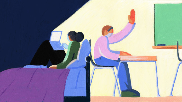 IMage: Illustration shows a child in her dark bedroom, on her computer with her back to a student wearing a mask raising his hand in a classroom.