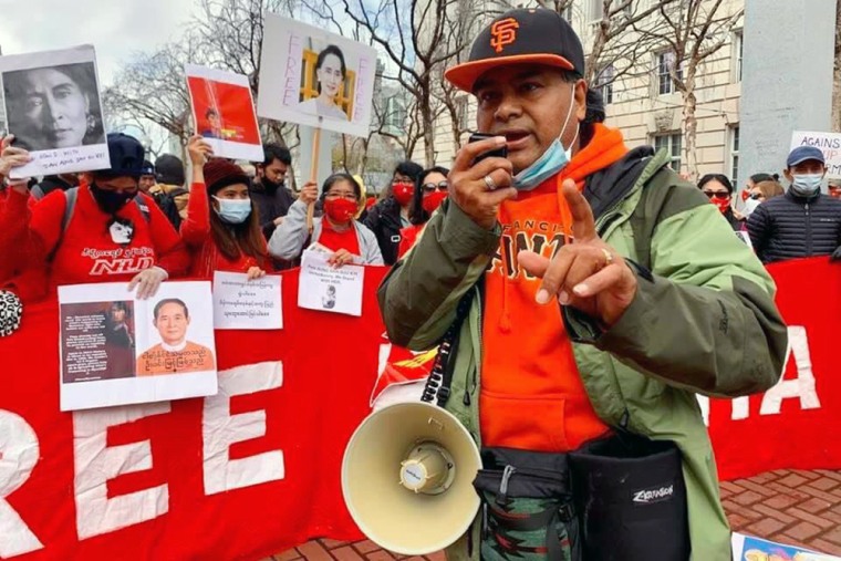 Image: Ko Ko Lay, organizer and spokesperson for the Free Burma Action Committee--San Francisco, helps lead a protest at U.N. Plaza