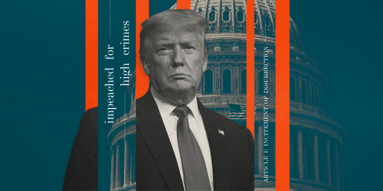 Image: Illustration shows former President Donald Trump between teal and red strips that show the Capitol and words like \"impeached\" \"high crimes\" and insurrection.