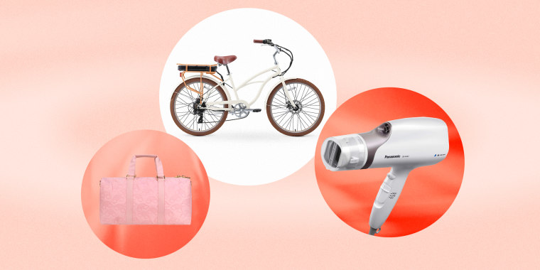 Illustration shows a bike, a duffle bag and a hair dryer in peach and orange circles. Coronavirus shopping. Best new products of February 2021 include PopSocket, Panasonic, Simple Human, Stoney Clover Lane, Osprey, Jinx dog food, electric bikes and more.