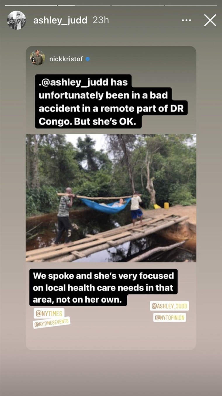 Kristof shared a photo on his Instagram story, which Judd reposted. Kristof explained in the videos that Judd had reached out to him and shared photos from her 55-hour ordeal following an accidental fall in a Congolese rainforest.