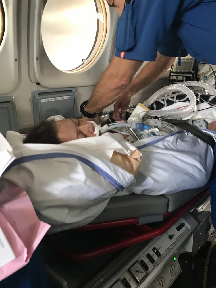 Grainger is transported by plane from one hospital to another in Hawaii. "My husband didn't recognize me. I had the tube in my mouth and I had the machine breathing for me," she recalled.