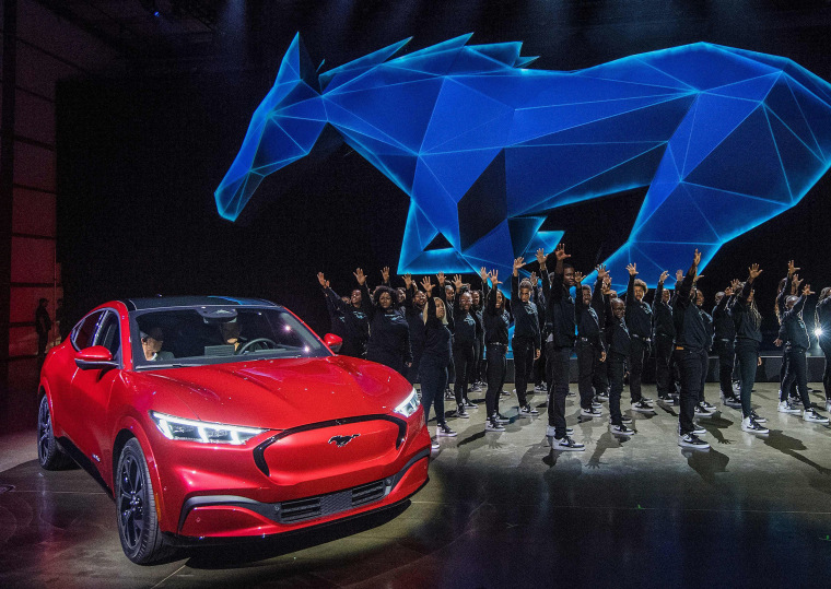 Image: Ford's first mass-market electric car the Mustang Mach-E, revealed at a ceremony in Hawthorne, Calif.
