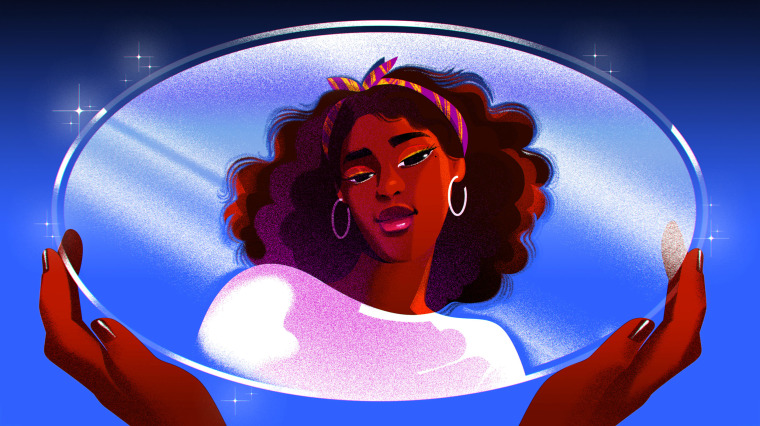Image: Illustration shows a Black woman's hands holding a mirror with a younger Black woman in the reflection.