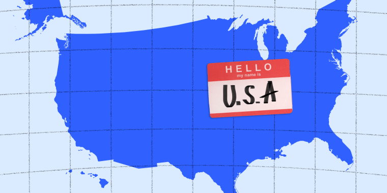 Photo illustration of the map of U.S.A with a tag that reads,\"Hello, my name is U.S.A\".