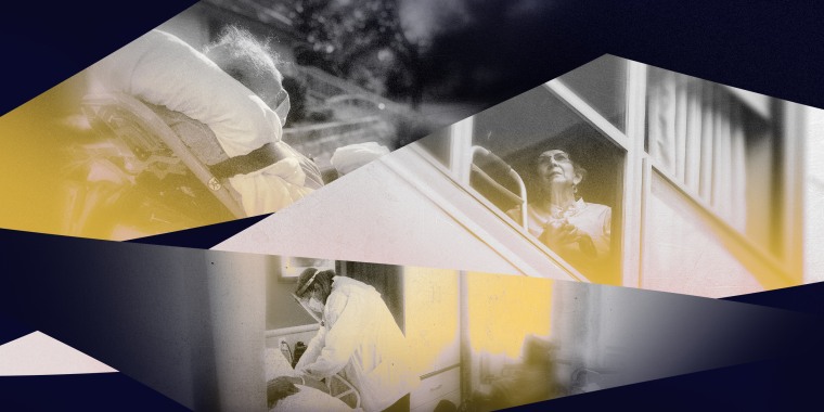 Image: Photo illustration with pictures of nursing home residents and workers during the Covid pandemic in shapes of glass shards with yellow overlay.